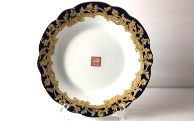 Rare Antique Chinese Blue & Gold Porcelain Plate Iron-Red Six-Character Qianlong Mark