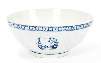 Rare Lowestoft bowl, of shallow form painted in soft blue with a lady holding a parasol and a sprig of flowers, two large urns to her right both containing the flowers, th larger with what looks li...