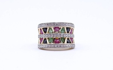 Ring mit Smaragd, Saphir und Rubin, Silber 925/000 - vergoldet, 9,2g., RG 56