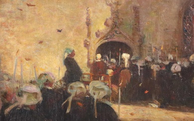 Robert Henry LOGAN (1874-1942) "Procession à la Chapelle Saint-Philibert", Huile sur toile signée en bas...