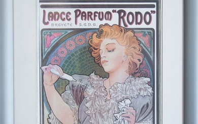 Rodo - (années 1900) Publicité polychrome figurant une élégante d'après Alfons Mucha (1860-1939) utilisant le...