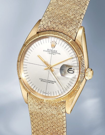 Rolex, Ref. 1510, caseback stamped 1503 A striking, unusual and extremely rare yellow gold wristwatch with center seconds, date, bracelet and guarantee