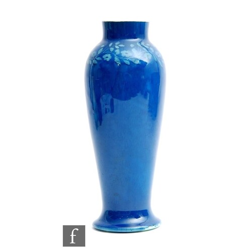 Ruskin Pottery - A souffle glaze vase of slender barrel form...