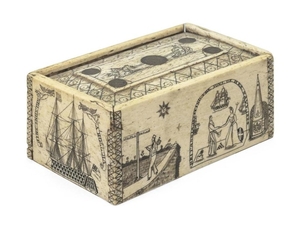 SCRIMSHAW WHALEBONE BOX ATTRIBUTED TO WILLIAM HILL Sliding lid's central panel engraved with Neptune in his chariot and inlaid with...