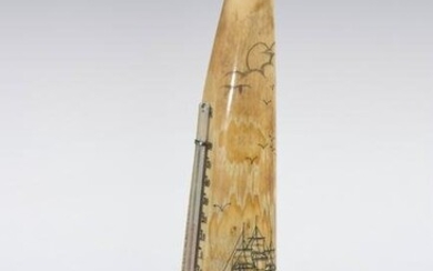 SCRIMSHAWN WALRUS TUSK TIP WITH THERMOMETER/BAROMETER