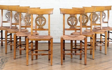 SET 8 FRENCH RUSH SEAT CHAIRS CARVED BACK SPLAT