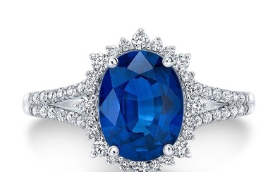 Sapphire And Diamond Oval Prong-set Halo Frame Ring With Tapered Pave Shank In 18k White Gold