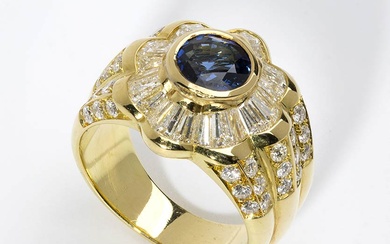 Sapphire and diamonds gold band ring 18k yellow gold, flower...