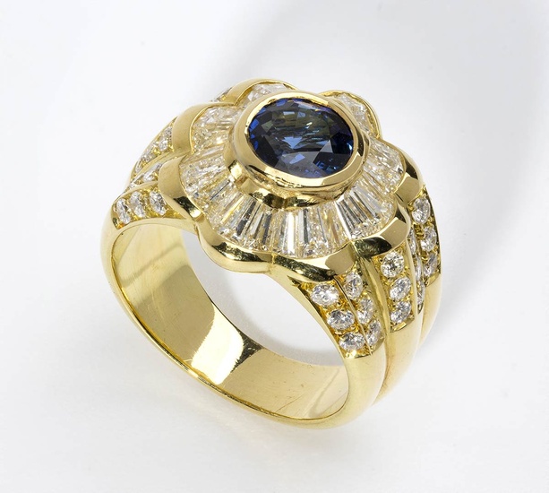 Sapphire and diamonds gold band ring 18k yellow gold,...