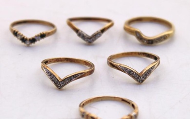Selection of Six 9ct Gold Diamond and Cubic Zirconia Wishbone...