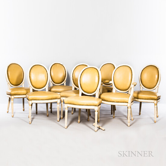 Set of Eight Louis XVI-style White-painted and Parcel-gilt Leather-upholstered Chairs