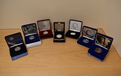 Seven Royal Mint Silver Coins, 1997 Dianna Memorial Silver Proof Five Pound, 2013 Christening of