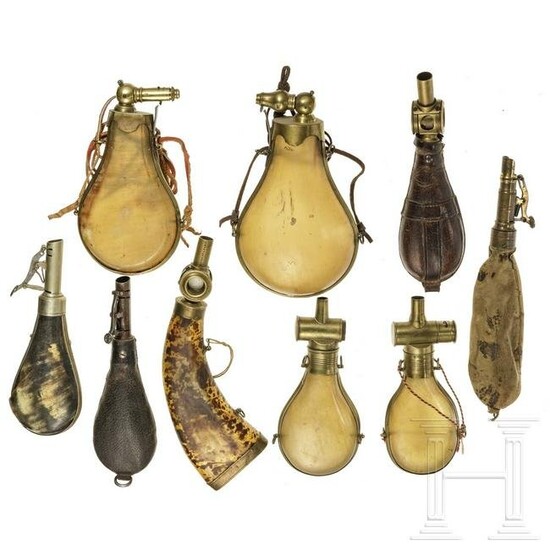 Seven powder flasks and two bags for shot, 19th century