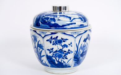 Seventeenth century Chinese covered Kang Hsi bowl in porcelain with a fine blue and white decor with plants, flowers, birds and insects - with silver frame - height and diameter : 25 and 23,5 cm|||17th Cent. Chinese Kang Hsi lidded bowl in porcelain...