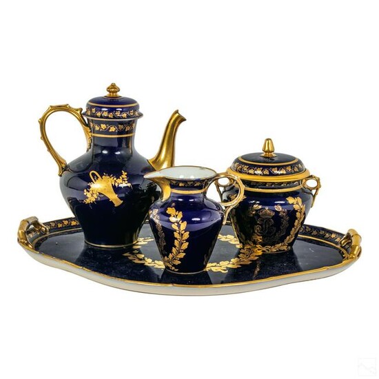 Sevres French Porcelain Cobalt Gilt Tea Set & Tray