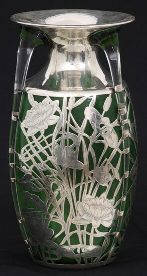 Silver Overlay & Emerald Green Glass Vase
