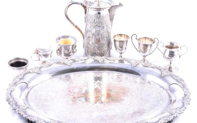 Silver plated tray, hot water jug and trophy condiments