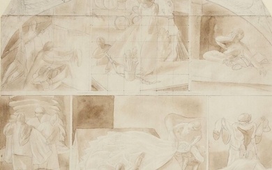 Sir Stanley Spencer CBE RA, British 1891-1959 - Studies for Domestic Scenes, c.1924; sepia wash over pencil on paper, each of the six scenes annotated by the artist on a separate, original backboard, 41 x 49.5 cm (ARR) Provenance: 25 Blythe Road...