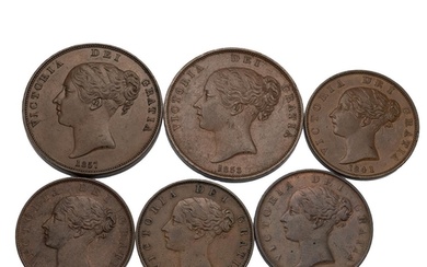 Six (6) 1840s and 1850s Victorian 'Young Head' copper Pennie...