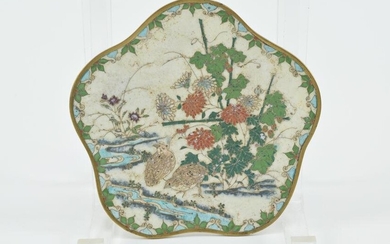 Small Japanese cloisonne shaped dish with silver wire quail landscape decoration. 5in wide.