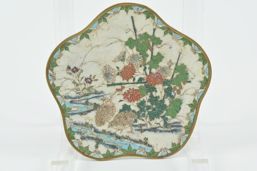 Small Japanese cloisonne shaped dish with silver wire quail landscape decoration. 5in wide.