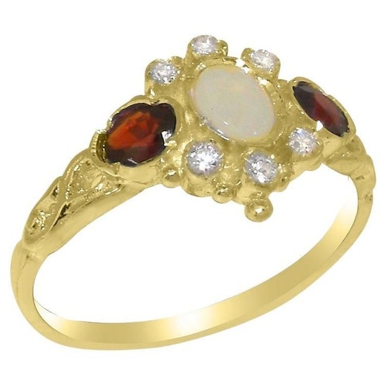 Solid 14K Yellow Gold Natural Opal & Diamond Womens Trilogy Ring, Customizable
