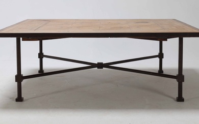 Square low coffee table with base of bronze patinated metal.
