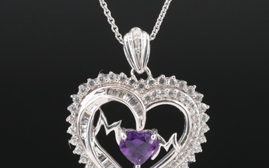 Sterling Amethyst, Diamond, and Sapphire Heart Pendant Necklace