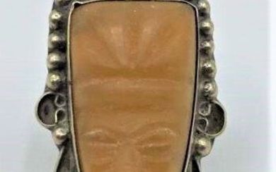Sterling Mexico Ring Carved Stone Aztec / Mayan Face
