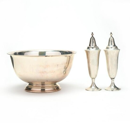 Sterling Silver Revere Bowl and a Pair of Salt & Pepper