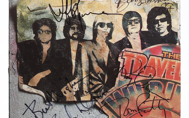THE TRAVELING WILBURYS LP FROM 1988 WAS SIGNED BY BOB DYLAN (WHO ALSO WROTE BEST WISHES), GEORGE HARRISON, JEFF LYNNE, ROY ORBISON AND TOM PETTY.