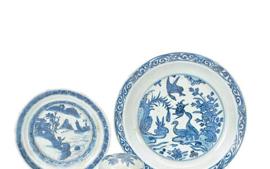 THREE BLUE AND WHITE WARES