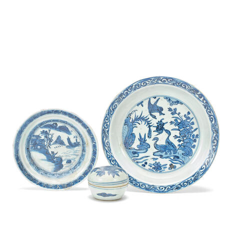 THREE BLUE AND WHITE WARES