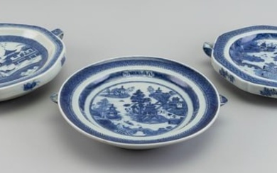THREE CHINESE EXPORT CANTON PORCELAIN HOT WATER PLATES 19th Century Diameters approx. 10.75".
