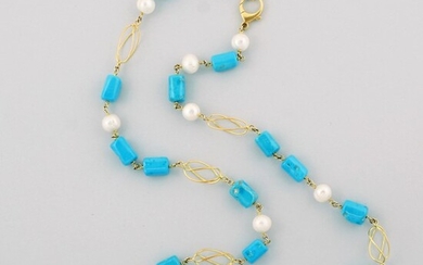 *TURQUOISE, FRESHWATER PEARL AND GOLD NECKLACE