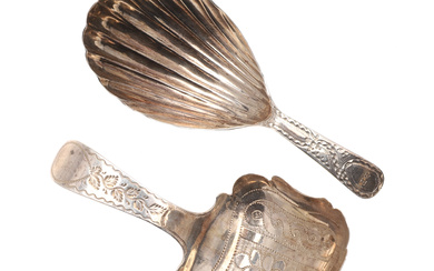 TWO 19TH CENTURY GEORGE III SILVER CADDY SPOONS.