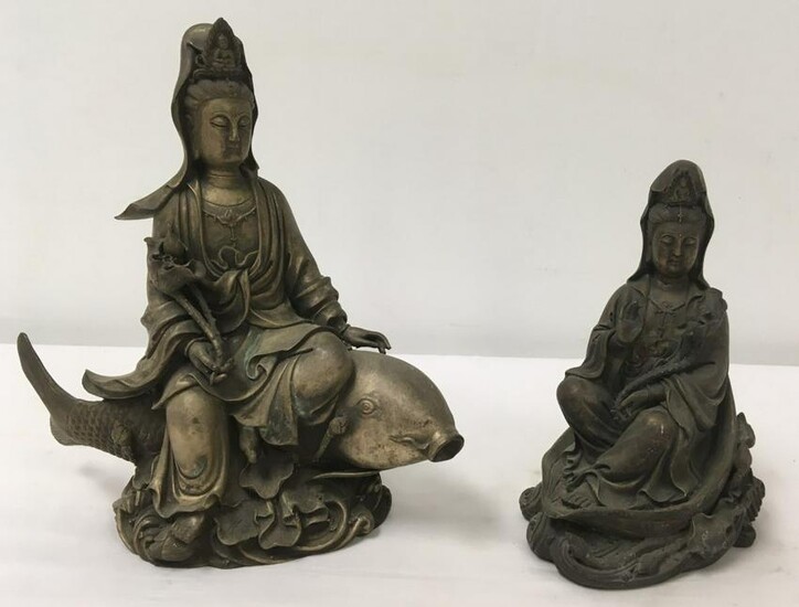 TWO CHINESE CAST WHITE METAL GUAN YIN SCULPTURES
