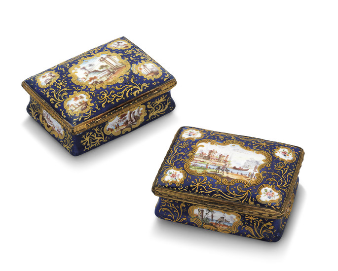 TWO GILT-METAL-MOUNTED STAFFORDSHIRE ENAMEL BOXES, LATE 18TH CENTURY