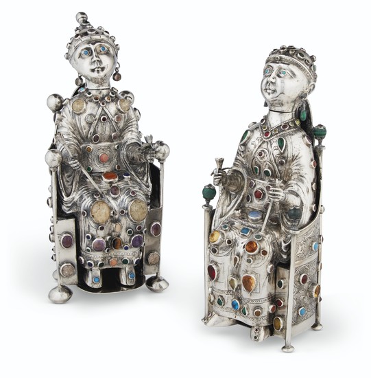 TWO SIMILAR GERMAN GEM-SET FIGURAL DECANTERS, LATE 19TH/20TH CENTURY, ONE MARK OF SIMON ROSENAU, BAD KISSINGEN, THE OTHER MARKED 13 AND WITH A KEY IN SHIELD