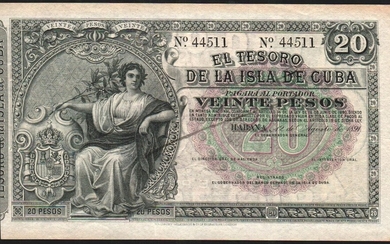 Tesoro de la Isla de Cuba. 12 de agosto de 1891. 20 pesos. Prácticamente SC. Muy buen ejemplar