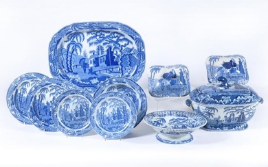 The remnants of a Job Ridgway blue and white printed 'Chinoiserie Ruins' pattern dinner service