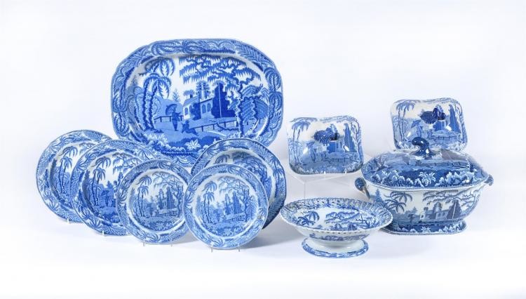 The remnants of a Job Ridgway blue and white printed 'Chinoiserie Ruins' pattern dinner service