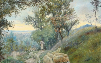 Theodor Philipsen: A mountain road at Sora with a shepherd and a flock of sheep. Signed with monogram and date 83. Oil on canvas. 96×123 cm.