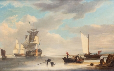 Thomas LUNY (1759-1837). Marine au galion et bateaux de pêche. Huile sur toile, signée en...