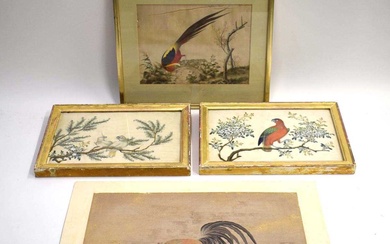 Three Chinese paintings on silk, each depicting an exotic bird,...