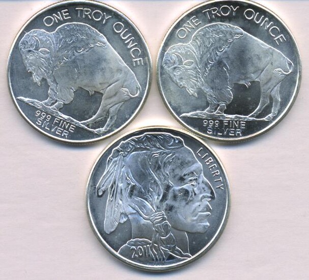 Three USA Buffalo Troy-Ounce Silver Bullion Coins