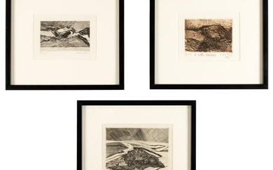 Three framed etchings by George Ball, signed