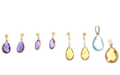 Three pairs of gem earrings & two pendants