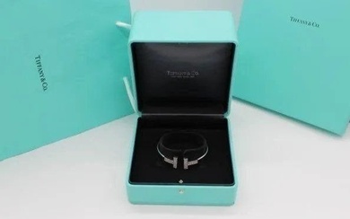 Tiffany & Co. 18K White Gold T Wide Diamond Wire Bangle/Cuff Bracelet - Medium