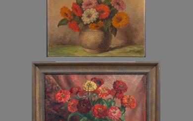 Twee schilderijen: bloemstillevens, beide olieverf op doek, één r.o....